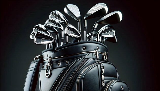Golf A close-up view of a luxury black golf bag, with metallic clubs inside The clubs' shiny heads and bl3