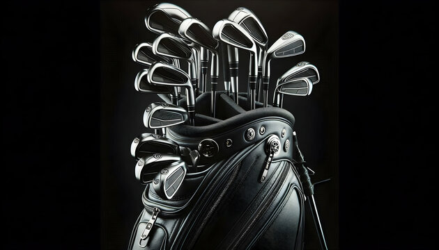 Golf A full view of a luxury black golf bag with metallic clubs, arranged neatly The clubs' shiny heads a1
