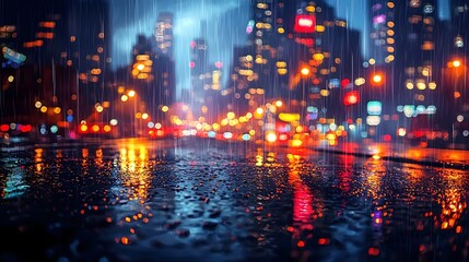 Magical Cityscape at Night with Sparkling Raindrops Under Glowing Streetlights