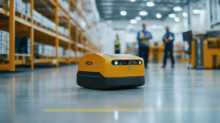 Prozessoptimierung mit autonomen KI Robotern FTS mit künstlicher Intelligenz im Lager und in der Produktionshalle mit echten Menschen in Interaktion Generative AI