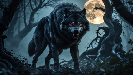 Black wolf with glowing red eyes growls under a full moon in a dark forest.