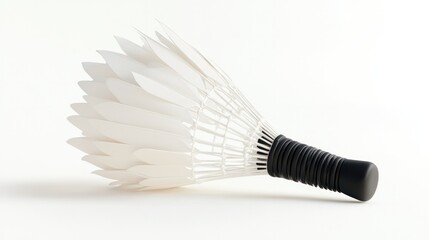 Traditional white 3D shuttlecock with a matte black rubber tip and sharp feather detailing, isolated on white.