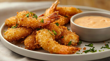 A plate of fried shrimp with a dipping sauce. generated using AI
