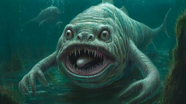 Ferocious underwater creature, lurking in murky swamp,  with dolphins in background, for fantasy game artwork.