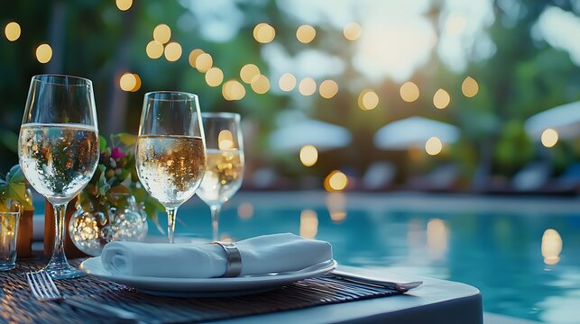 Romantic candlelit dinner setup by a pool with a soft glowing ambiance during the evening hours  The elegant table setting wine glasses and serene reflection on the water create a cozy