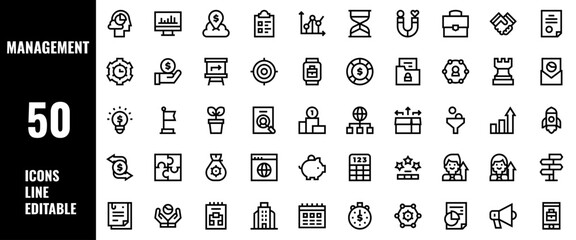 50 Management Icons Set Pack Line Editable Vector Illustration