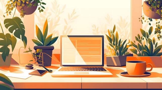 A cozy remote work setup with a laptop, coffee mug, and houseplants, promoting productivity and comfort in a home environment.