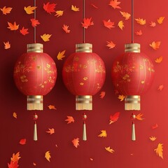 glowing red lanterns hang against a rich red background, surrounded by floating autumn leaves, blending warmth and seasonal elegance.