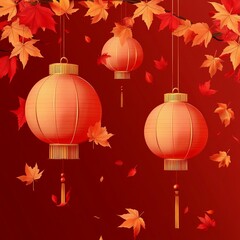 glowing red lanterns hang against a rich red background, surrounded by floating autumn leaves, blending warmth and seasonal elegance.