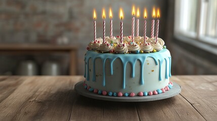 delicious birthday cake with chocolate and colorful cream, sweet, beautiful and pretty, pink, blue, lit candles