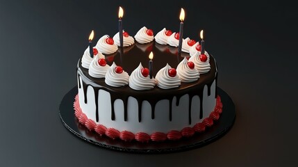 delicious birthday cake with chocolate and colorful cream, sweet, beautiful and pretty, pink, blue, lit candles