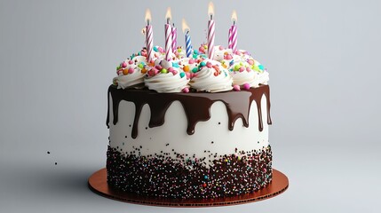 delicious birthday cake with chocolate and colorful cream, sweet, beautiful and pretty, pink, blue, lit candles