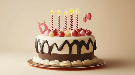 delicious birthday cake with chocolate and colorful cream, sweet, beautiful and pretty, pink, blue, lit candles