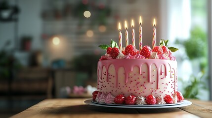 delicious birthday cake with chocolate and colorful cream, sweet, beautiful and pretty, pink, blue, lit candles