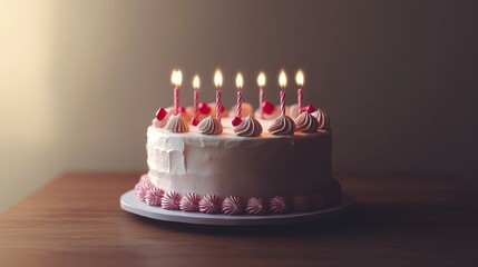 delicious birthday cake with chocolate and colorful cream, sweet, beautiful and pretty, pink, blue, lit candles