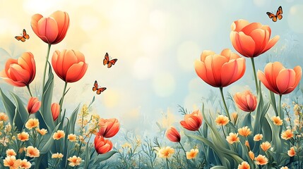 Fototapeta premium Hand-drawn Easter greeting card with spring elements like tulips, butterflies, and soft pastel colors