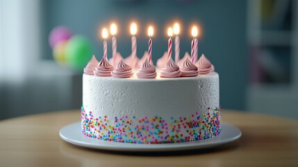 delicious birthday cake with chocolate and colorful cream, sweet, beautiful and pretty, pink, blue, lit candles
