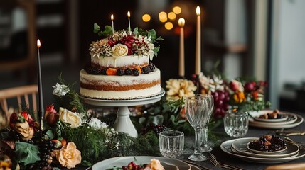 delicious birthday cake with chocolate and colorful cream, sweet, beautiful and pretty, pink, blue, lit candles