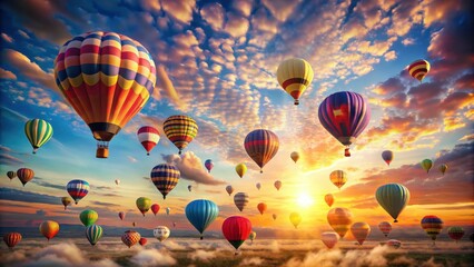 Naklejka premium A Colorful Panorama of Hot Air Balloons Ascending at Sunrise Over a Misty Landscape