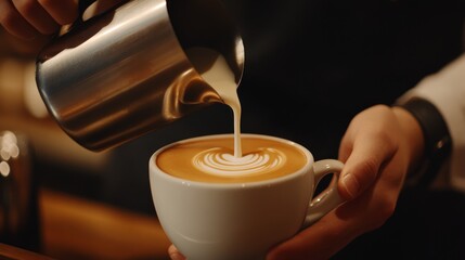 A barista pours milk into a coffee cup, creating a beautiful latte art design.