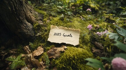 Earthy 2025 Goal Setting with Calligraphy Surrounded by Lush Forest Floor and Nature Elements