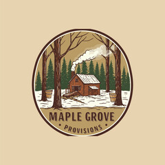 A rustic winter scene depicts a maple syrup cabin in a snowy forest with smoke billowing from its chimney and buckets hanging from trees.