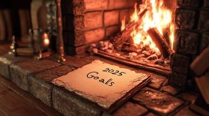 Cozy 2025 Goal Setting by the Fireplace with Elegant Ink Writing and Rustic Parchment