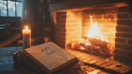 Cozy 2025 Goal Setting by the Fireplace with Elegant Ink Writing and Rustic Parchment