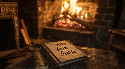 Cozy 2025 Goal Setting by the Fireplace with Elegant Ink Writing and Rustic Parchment