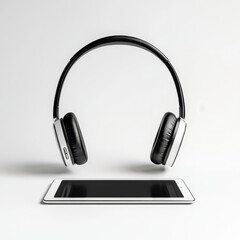 Headphones and tablet on white background, minimalistic style