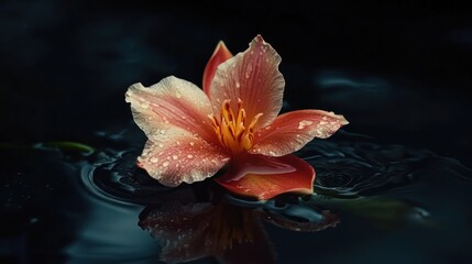 Orange flower floats on dark water, reflecting, serene garden background, spa use