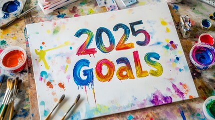 Abstract Geometric 2025 Goal Map with Floating Orbs and Colorful Swirls