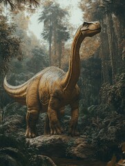Obraz premium A large dinosaur stands majestically in a lush, prehistoric forest setting.