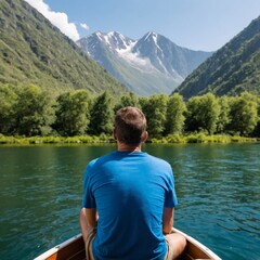 Fototapeta premium Rear view of man looking at mountain view while sitting on boat