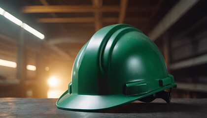 green hard hat inside a building