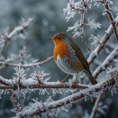 A robin perched on a frosty branch in a snow-covered garden.