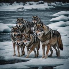 Obraz premium A wolf pack walking across a frozen riverbed.