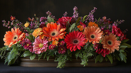 Obraz premium Vibrant autumnal flower arrangement in a dark wooden container against a black background.