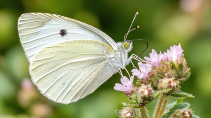 Naklejka premium Butterfly feeding flower garden closeup nature