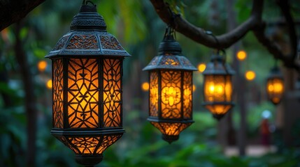 Captivating Garden Lanterns: Illuminating a Serene Night.  Intricate metal designs cast a warm, enchanting glow, creating a magical ambiance perfect for relaxation and celebration.