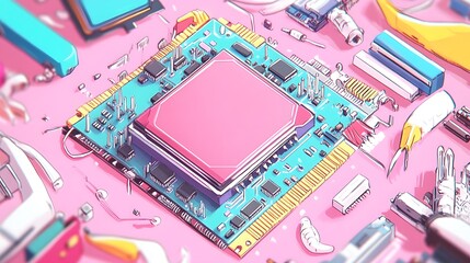 Intricate Computer Processor Surrounded by Diverse Electronic Components in a High-Tech Environment Showcasing Innovation and Modern Technology Aesthetics
