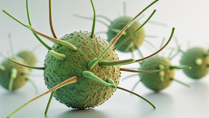 Microscopic view of green virus cells with spiky protrusions.