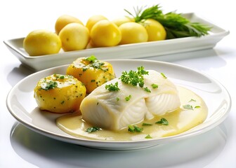 Lutfisk, Potatoes, Butter Dish - Delicious Seafood Meal