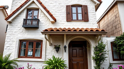 Fototapeta premium A white stucco house with a terracotta roof, featuring brown wooden windows and door, a small balcony, and landscaping. The house has a Spanish-style architectural design.