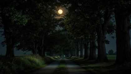 Moonlit Pathway: A Serene Night Drive Through a Tree-Lined Road
