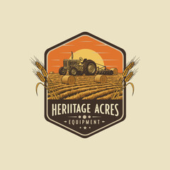 A vintage tractor harvests hay in a field at sunset; the image is designed as a logo for heritage acres equipment.