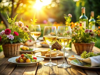 Outdoor Dinner Party: Crisp White Wine, Summer Elegance, Table Setting