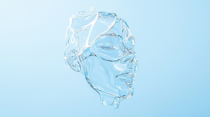 Ethereal Floating Water Face Mask Captured in Air Against a Soft Blue Sky Background, Evoking Serenity and Fluidity in Artistic Representation