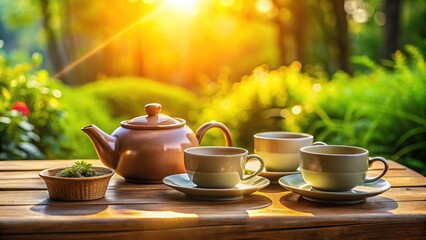 Fototapeta premium Outdoor Tea Party, Ceramic Mugs, Wooden Table, Sunlight