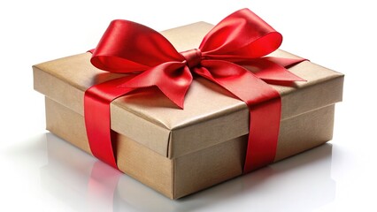 Obraz premium Red Bow Gift Box, Cardboard Packaging, Festive Present, Holiday Gift, White Background